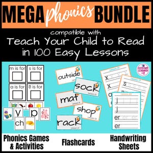 Teach Your Child To Read In 100 Easy Lessons Phonics Activities Bundle Flashcards Handwriting Practice & 3 Phonics Games for ALL 100 Lessons