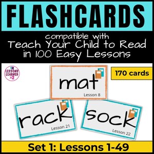 Teach Your Child To Read In 100 Easy Lessons, Flashcards for Lessons 1 - 49, Phonics Flashcard Set, Digital Download
