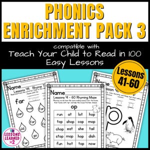 May include: Educational phonics enrichment pack titled "PHONICS ENRICHMENT PACK 3" with the text "Teach Your Child to Read in 100 Easy Lessons." The pack includes worksheets for lessons 41-60, featuring rhyming mazes and activities to learn the letter "p".