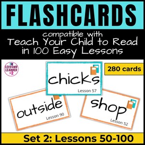 Teach Your Child To Read In 100 Easy Lessons, Flashcards for Lessons 50-100, Phonics Flashcard Set, Digital Download