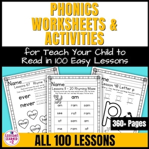 Puede incluir: Hojas de trabajo y actividades de fonética para Teach Your Child to Read in 100 Easy Lessons. El conjunto educativo incluye más de 360 páginas que cubren las 100 lecciones, con hojas imprimibles en blanco y negro que contienen laberintos de rimas.