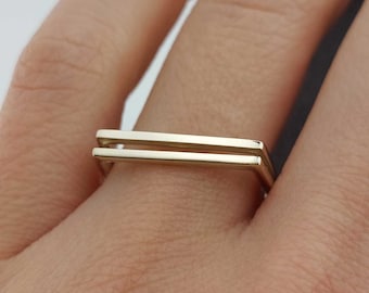14k Solid Gold Flat Bar Ring: Minimalist Horizontal Band