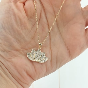 14K Solid Gold Lotus Necklace | Pavé Zircon Spiritual Flower Pendant | Dainty Real Gold Jewelry Gift for Her | Symbol of New Beginnings