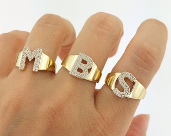 14K Solid Gold Initial Ring with Zircon Stones • Personalized Signet