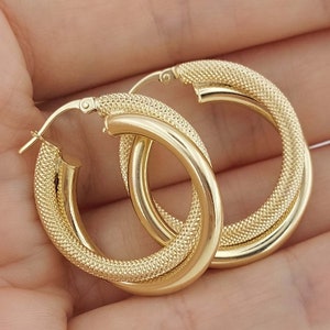 Real 14k Yellow Gold Fancy Frosted Double Hoop Earring Gold Shiny and Textured Finish Hoop Earrings With Lever Back Gift For Mom