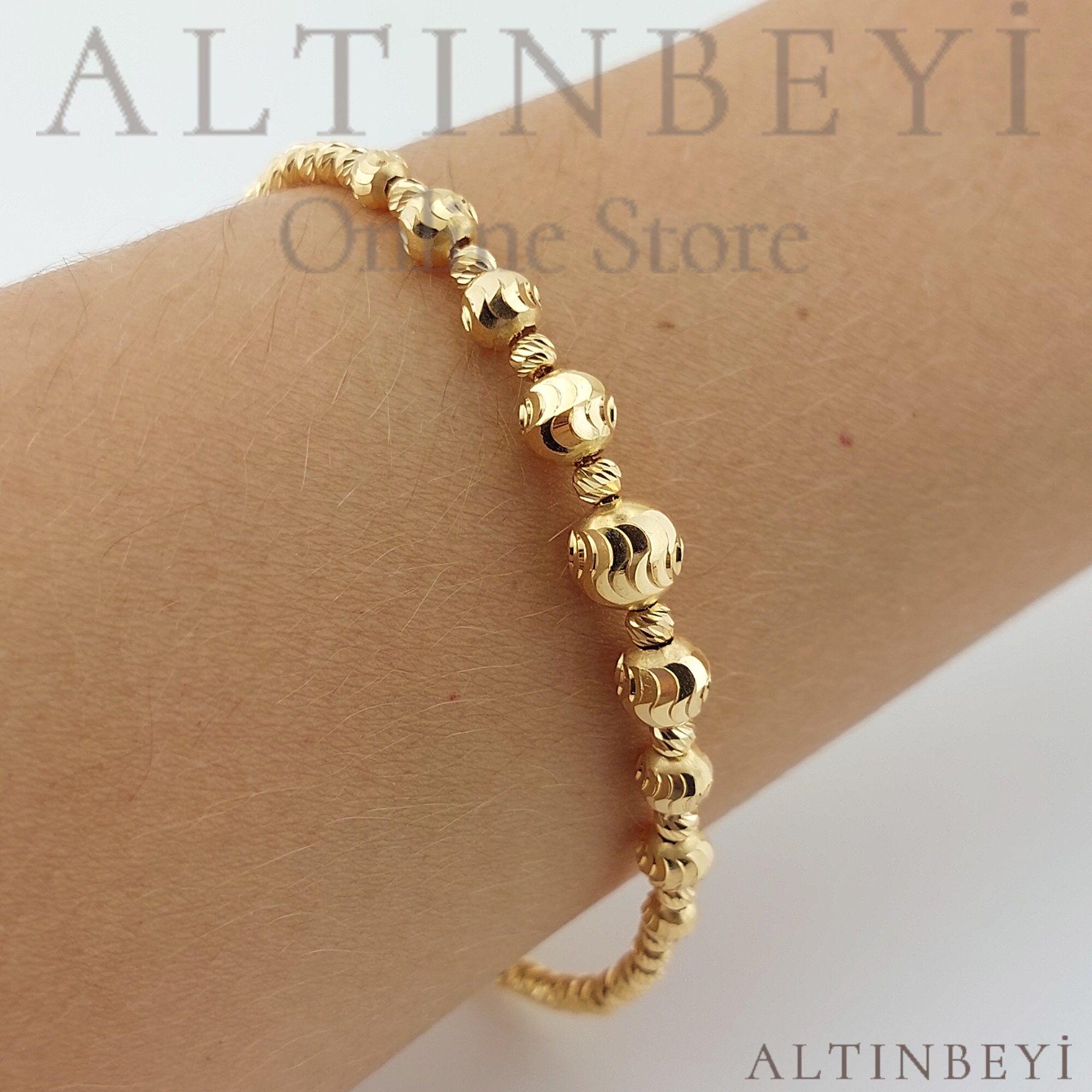 22K Solid Gold Beaded Bracelet - Italian Ball Bead Bracelet - Dainty ...