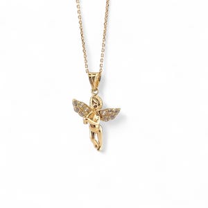 14K Solid Gold Angel Necklace: Sparkling Zircon Wings, Cherub Pendant
