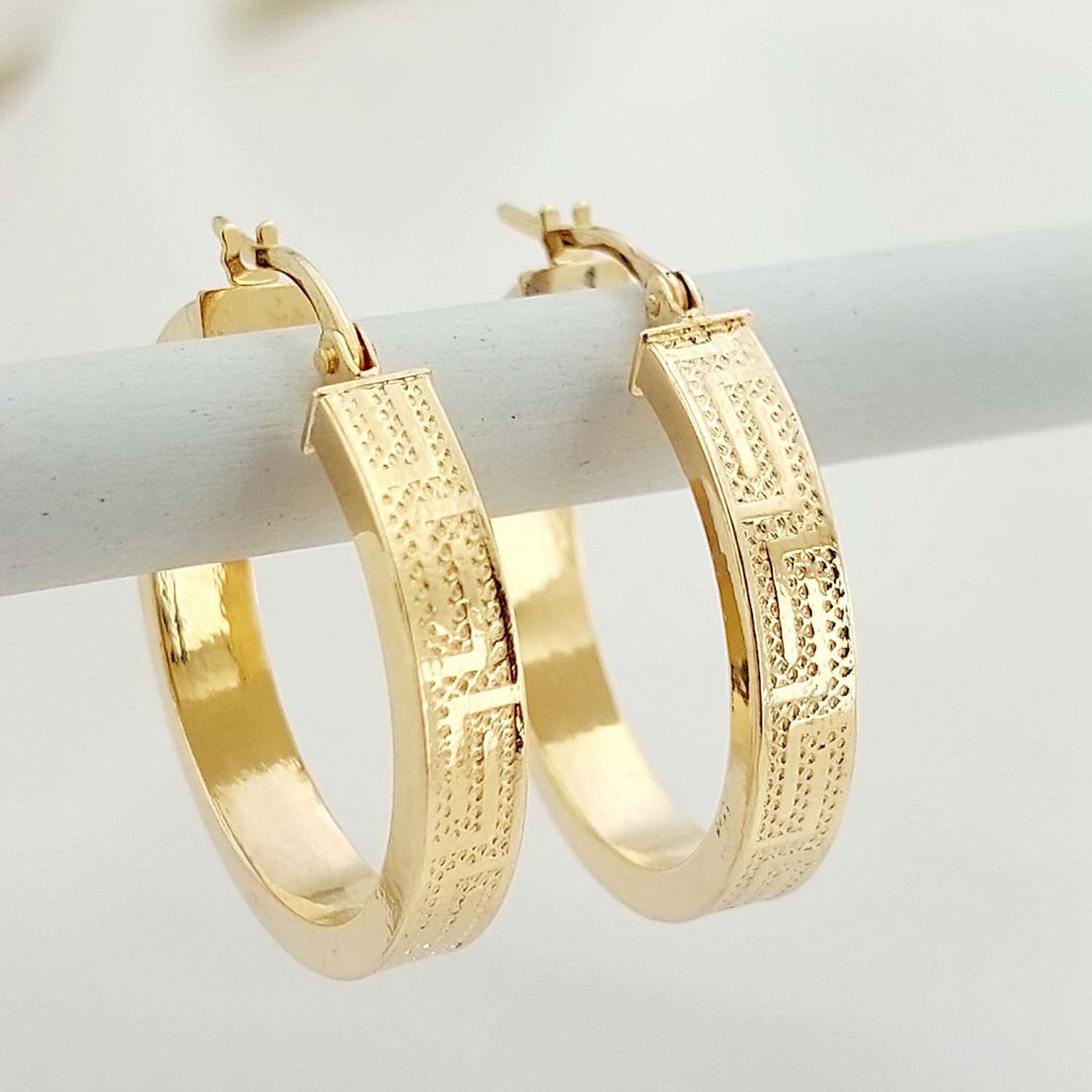 14k Yellow Gold Greek Key Hoop Earrings, Round Hoop Earrings, Real Gold