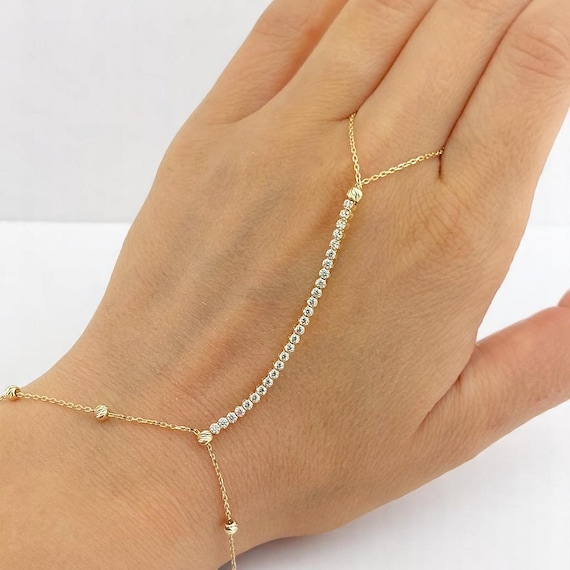 14K Gold Zircon Şahmeran Hand Chain Bracelet, Turkish Jewelry