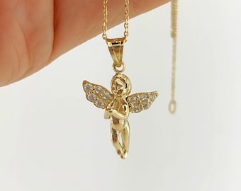 14K Solid Gold Angel Necklace: Sparkling Zircon Wings, Cherub Pendant