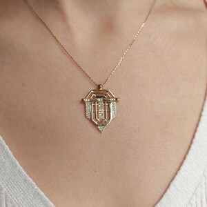 14K Solid Gold Art Deco Pendant Necklace: Zircon Geometric Charm