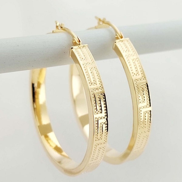 14k Gold Hoop Greek key Earrings, Ancient Greek Key Earrings, Solid Gold Hoops, Minimal Greek Jewelry,  Diameter: 33mm Gift For Mom