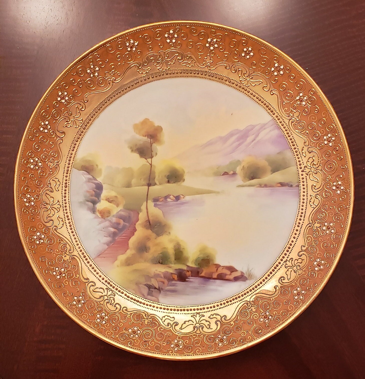Antique Nippon Heavy Gold Scenic Mountain River Plate