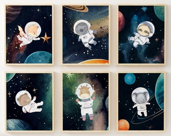 Astronaout Animals Nursery Print, Space Animal Wall Art, Outer Space Wall Decor, Space Animal Room Poster, Stars and Planets Baby Boy Print