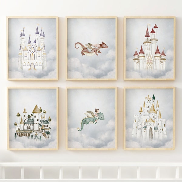 Dragon Castle Print, Dragons Fly Nursery Wall Decor, Dragon Castles Fantasy Wall Art, Dragon Blue Sky Boy Poster, Dragon Princes Cloud Print