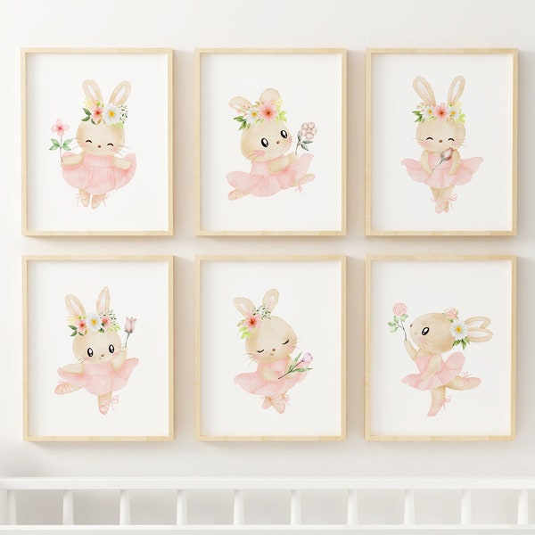 Bunny Ballerina Print, Rabbit Ballet Nursery Wall Decor, Ballerina Bunnies Wall Art, Flower Bouquet Ballerina Poster, Baby Girl Nursey Print