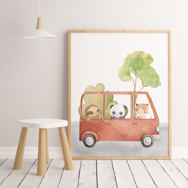 Animals on the Bus Nursery Print, Safari Animal in Vehicle Wall Decor, Animals Travel Wall Art, Animal Transport Poster, Animals Boy Print