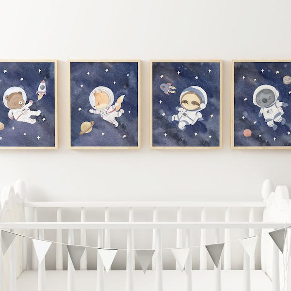 Space Animal Print Set, Baby Boy Nursery Print, Outer Space Wall Decor, Astronaut Animal Print, Neutral Wall Art, Space Animals Room Decor