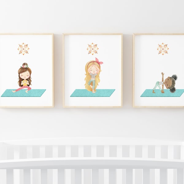 Girl Yoga Nursery Print, Yoga Little Girl Wall Art, Children Yoga Meditation Wall Decor, Sport Yoga Poses Print, Girl Activities Boho Poster