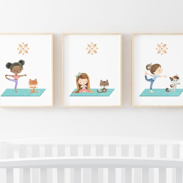 Kids Yoga Cat Print, Yoga Little Girl Kitten Nursery Wall Decor, Children Yoga Meditation Wall Art, Pet Yoga Poses Prints, Girl Sport Poster