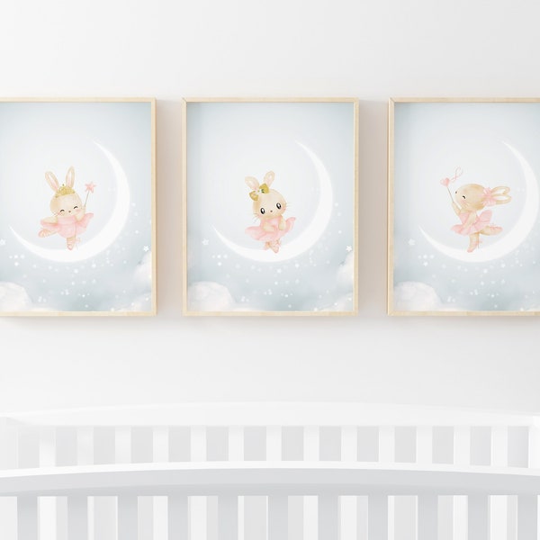 Hase Ballerina Print, Hase Tanz Kinderzimmer Wanddekoration, Ballerina Rabbit Ballett Wandkunst, Hase Himmel Mond Wandposter, Baby Mädchen Nursey Print