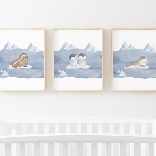 Arctic Animal Print, Nursery Wall Art, Animal in Snow Print, Winter Animal Wall Decor, Arctic Nautical Lake Prints, Polar Animal Wall Poster