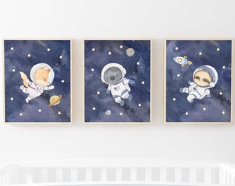 Space Animal Print, Astronaut Animal Nursery Wall Art, Outer Space Wall Decor, Space Animal Boy Celestial Poster, Star Planet New Baby Print