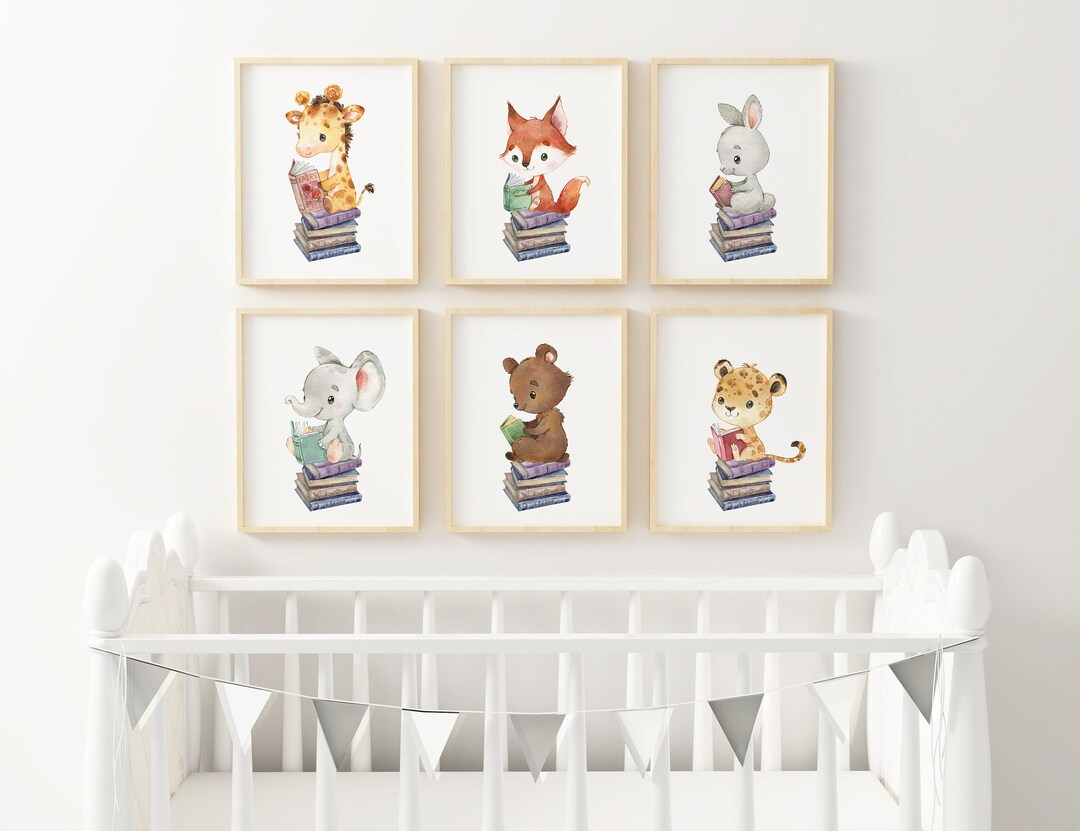 Animal and Book Nursery Print, Animals Reading Wall Decor, Animal
