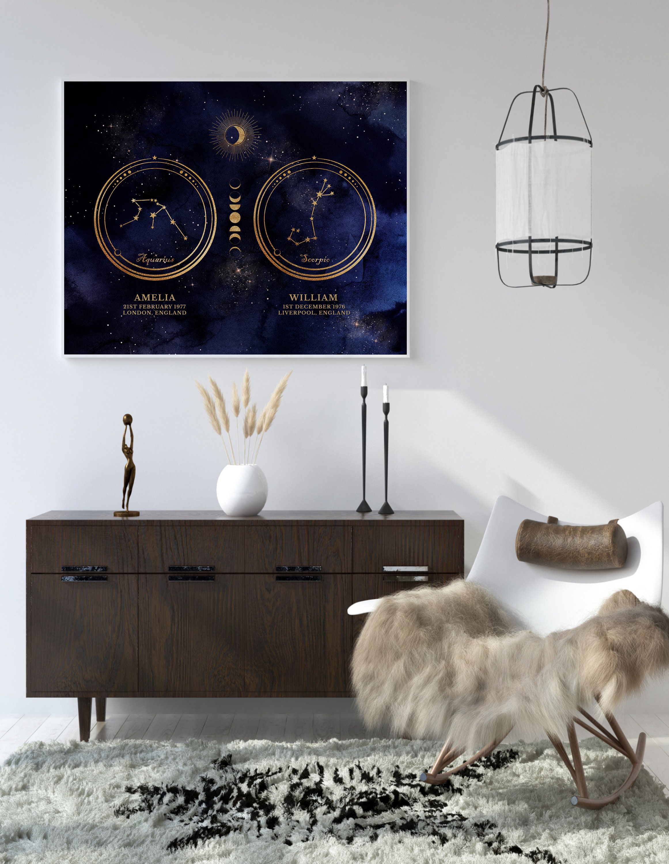 Personalized Couple Zodiac Print, Custom Couple Zodiac Gold Foil Wall