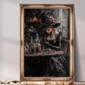Enchanted Witch Art Print, Dark Academia Decor, Gothic Witch Wall Art,Potion Brewing Artwork,Halloween Witch Home Decor,Fantasy Witch Poster