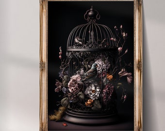 Floral birdcage wall art, Victorian Still Life, Antique Oil Painting Print, Dark Cottagecore Decor, Dark Academia Prints, Gothic Home Decor