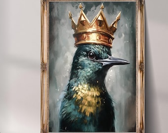 Emerald Green Hummingbird Oil Painting Print - Dark Academia Wall Art (Digital Download)