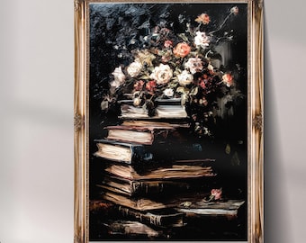 Vintage Book & Floral Wall Art Print - Cottagecore, Dark Academia Decor (Digital Download)