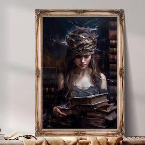 Victoriaanse vrouw met boeken Art Print - Dark Academia Gothic Decor - (digitale download)