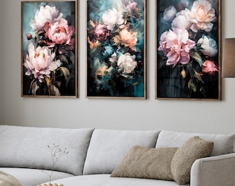 Set of 3 Printable Jewel Tone Dark Floral Wall Art Prints Peony Painting Prints, Bedroom Decor Peony, Moody Flower Print, Peonies Painting