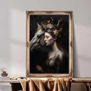 Lady and white horse woman portrait, Vintage Woman Portrait Wall Art, Moody Portrait Painting, Antique Woman Portrait Print