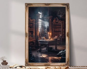 Vintage Library Print, Antique Oil Painting, Printable Wall Art, Dark Academia Print, Moody Wall Art, Victorian Painting Wall Decor