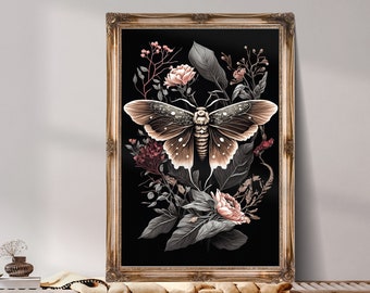 Botanisk mal, mörk cottagecore väggkonst, mörka akademiska tryck, gotisk väggkonst, mörk, väggkonst UTSKRIVBAR digital nedladdning