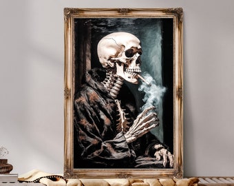 Skeleton Portrait, Gothic Skull Wall Art, Dark Cottagecore Room Decor, Floral Goth Decor, Dark Oil Painting, Vintage Aesthetic
