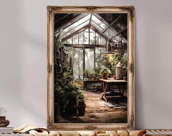 Greenhouse Interior, Dark Cottagecore Wall Decor, Dark Green Aesthetic Painting, Vintage Floral Printable, Botanical Witch Room Decor