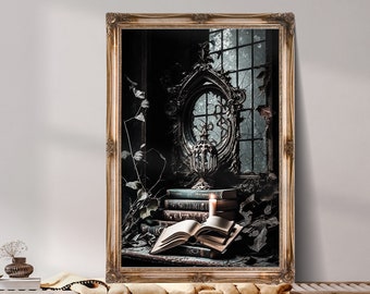 Abandoned Gothic Library, Goth Vintage Books, Still Life, The Dark Aesthetic, Dark Academia Prints, Gothic Painting Printable