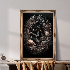 Nature motifs wall art, Dark Cottagecore Print, Witchy Wall Art, Goblincore Aesthetic Oil Painting, Moody Vintage Poster, Botanical Decor