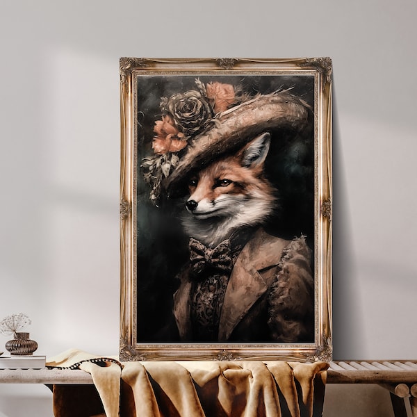 Dark Victorian Lady Fox, Dark Aesthetic Art, Anthropomorphic Victorian Portrait, Instant Digital Download, Vintage Printable Wall Art