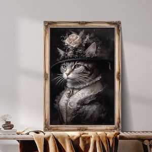 Vintage Gentleman lady Cat print, lady Cat in suits, Classical wildlife wall art, Quirky Posters, Animal head human body, Download