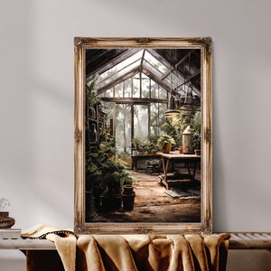 Greenhouse Interior, Dark Cottagecore Wall Decor, Dark Green Aesthetic Painting, Vintage Floral Printable, Botanical Witch Room Decor