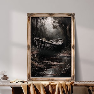 Abandoned Boat Art, boat wall decor, Darkness Decor Art, Oil Painting, Dark Forest Decor, Digital Download