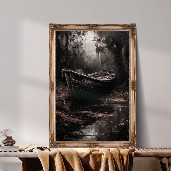 Art de bateau abandonné, décor de mur de bateau, art de décor d'obscurité, peinture à l'huile, décor foncé de forêt, téléchargement numérique