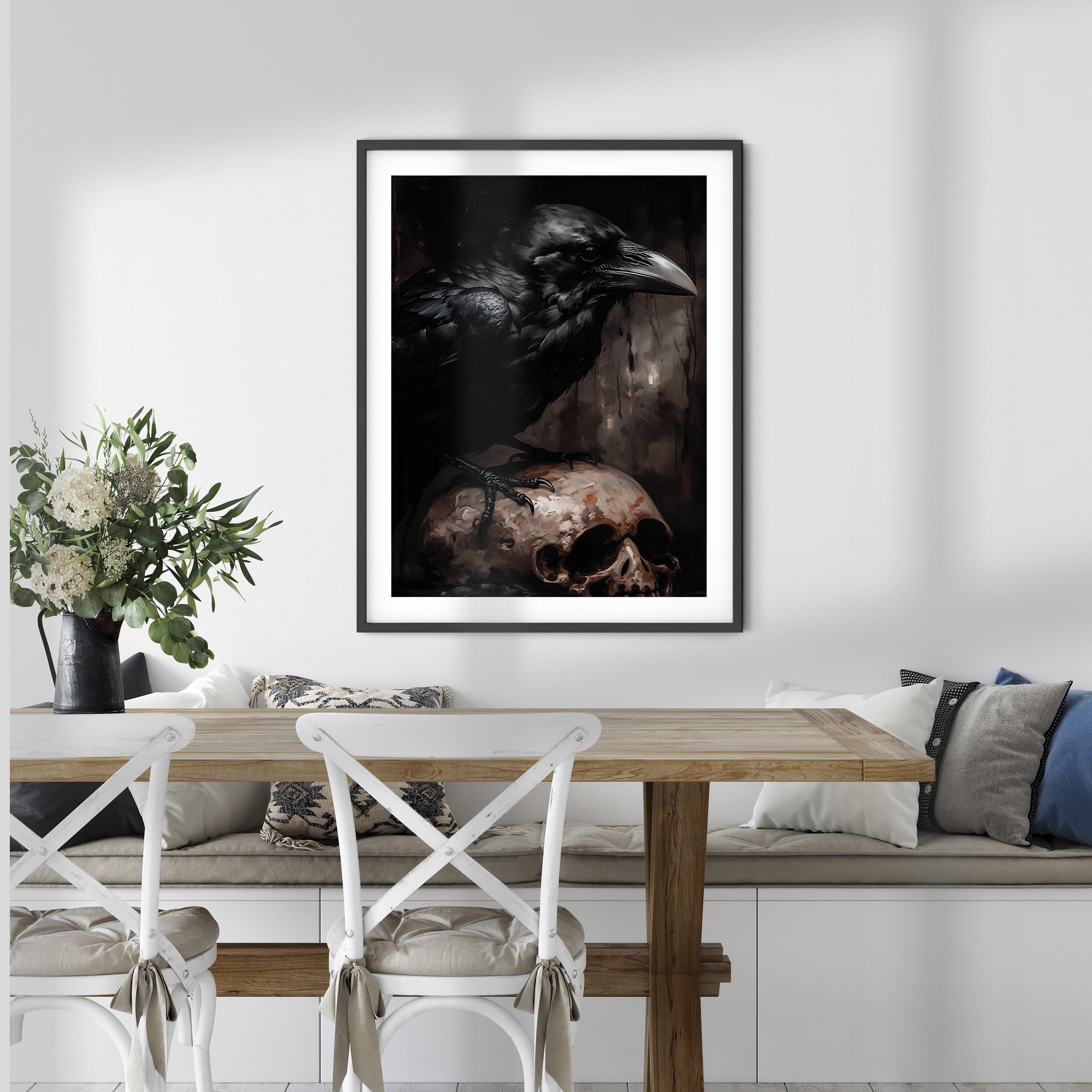 Raven on Gothic Skull Printable, Raven Bird Wall Art, Gothic Decor