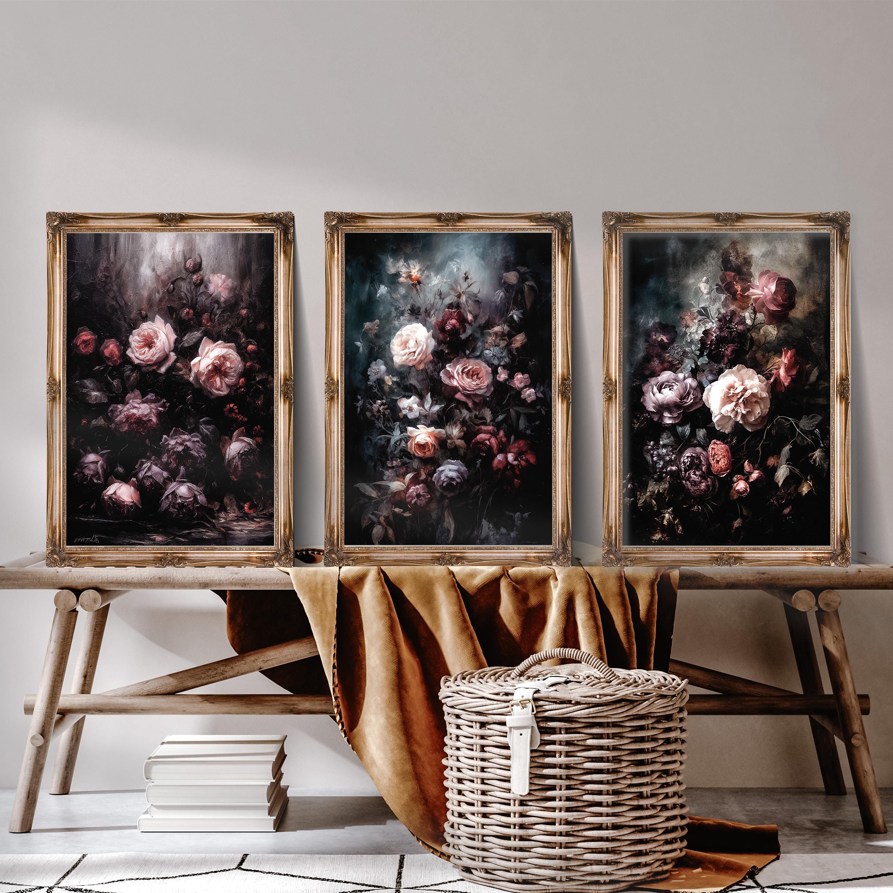 Dark Romantic Floral Wall Art Set of 3 - Moody Peony & Rose Painting ...
