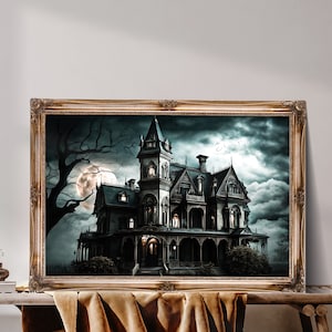 Abandoned mansion, Gothic Vintage House Art, Spooky Oil Painting Print, Dark Academia Printable, Moody Gothic Home Decor
